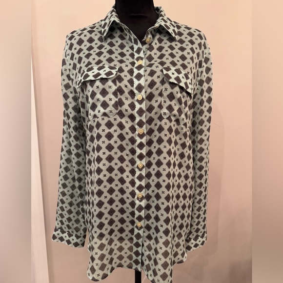 LOFT Blue and Black Geometric Blouse - Picture 3 of 6